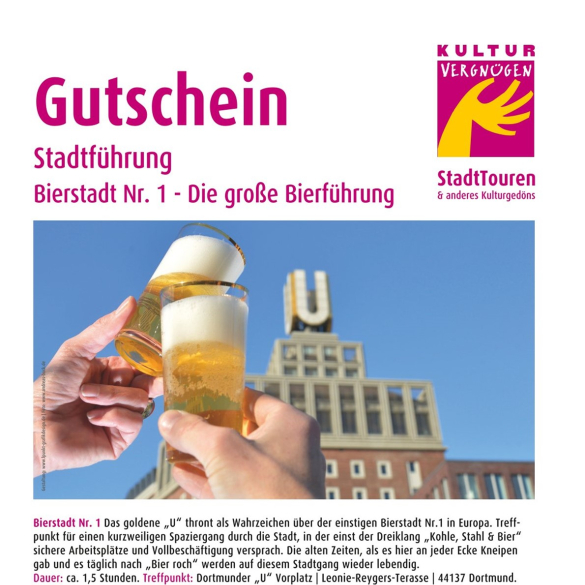 Gutschein: Bierstadt Nr.1 - Digitaler Gutschein | Die grosse Bierführung - Sie möchten einem lieben Menschen etwas ganz Besonderes schenken?
Die Stadtführung Bierstadt Nr.1 ist die große Bierführung, für all... Gutschein: Bierstadt Nr.1 - Digitaler Gutschein | Die grosse Bierführung - Sie möchten einem lieben Menschen etwas ganz Besonderes schenken?
Die Stadtführung Bierstadt Nr.1 ist die große Bierführung, für all...